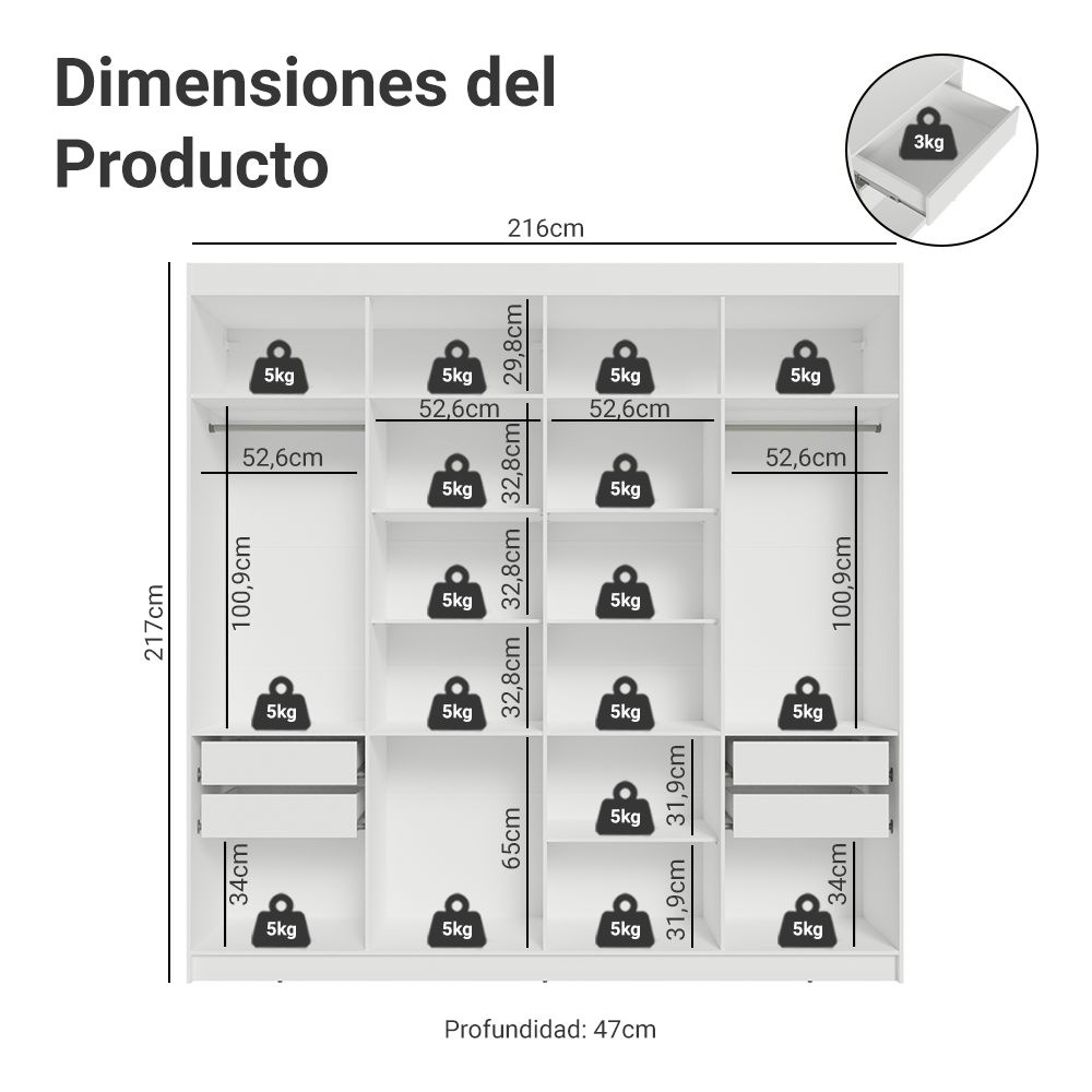 Closet Venus 8 Puertas 4 Cajones 2 Espejos BlancoNegro