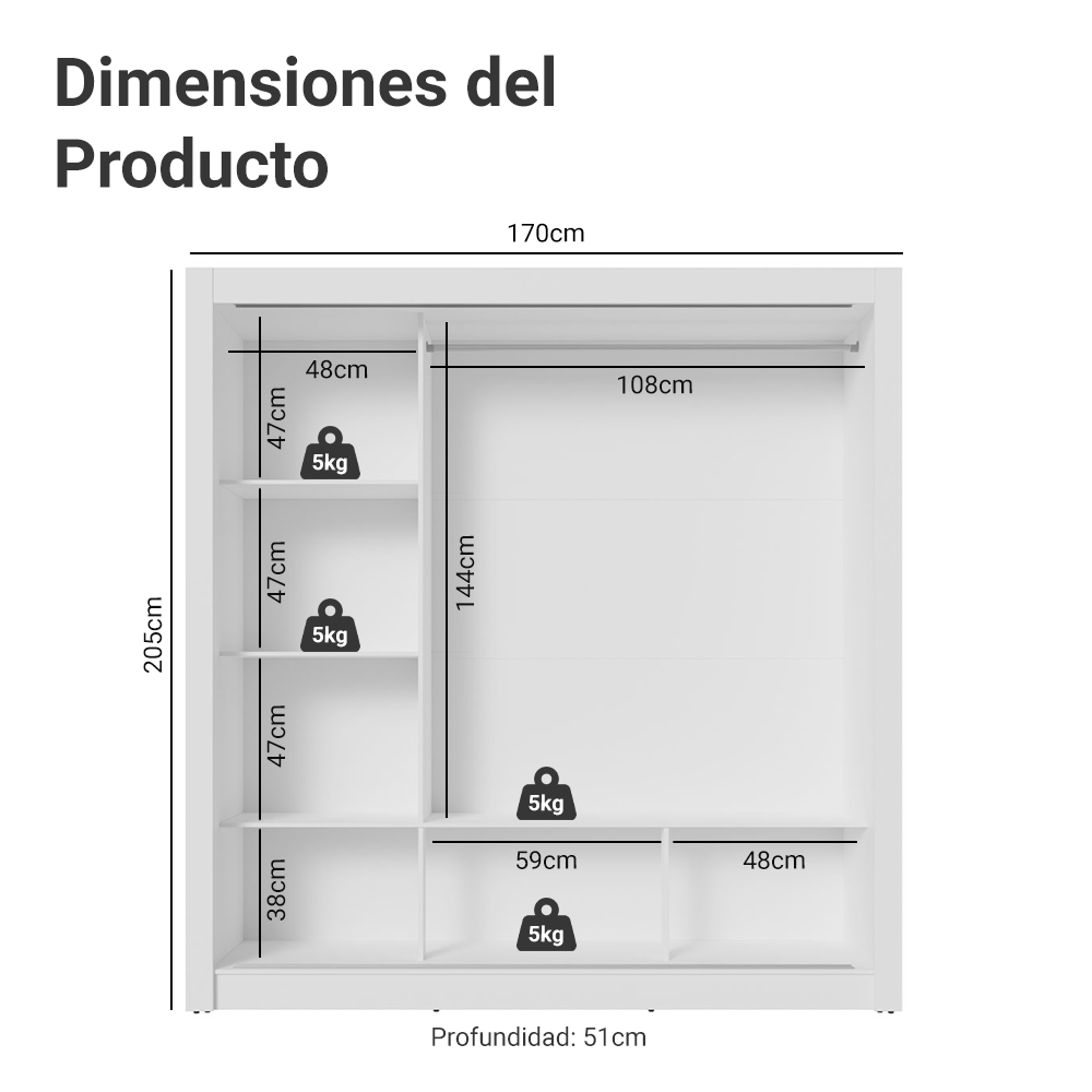 Clóset Nobre 3 Puertas Corredizas 1 Espejo Blanco/Marrón 205 cm x 170 cm x 51 cm