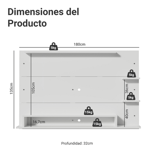 Centro de Entretenimiento Panel para TV Alfa 180 cm Hasta 60 Pulgadas Blanco Madesa