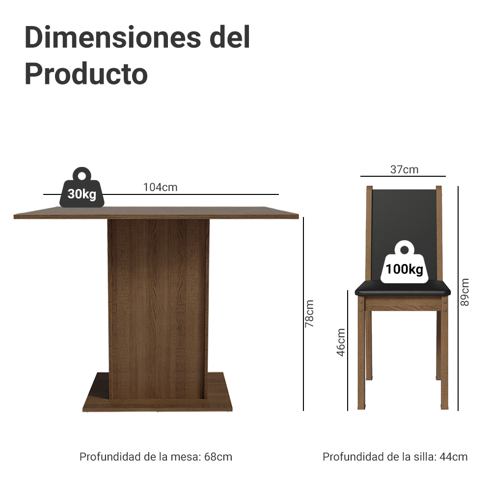 Juego de Comedor Tina con 4 Sillas Marrón/Negro