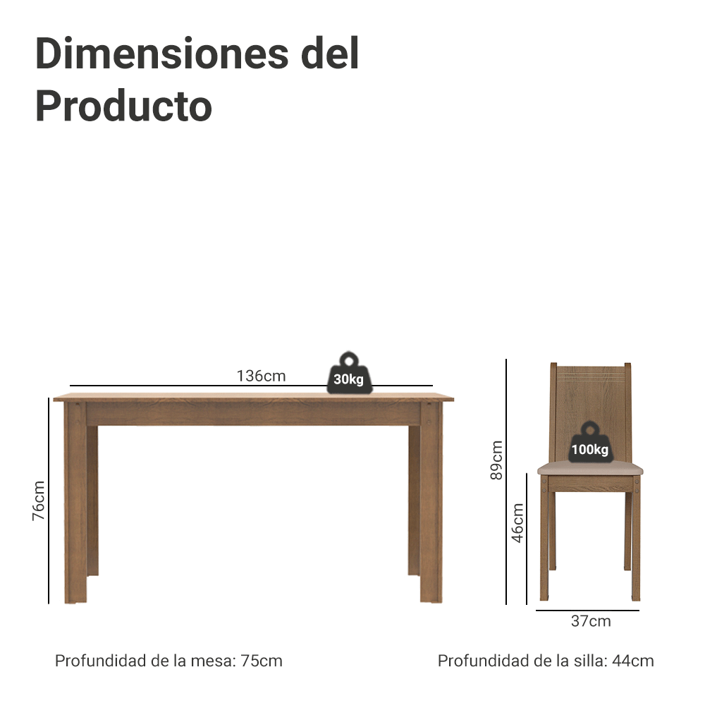 Juego de Comedor Analu con 6 Sillas Marrón/Beige