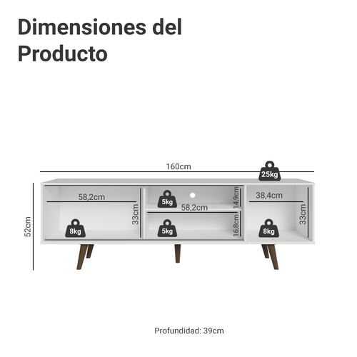 Centro de Entretenimiento Mesa para TV Dubai Hasta 65 Pulgadas Blanco (Patas Marrón)