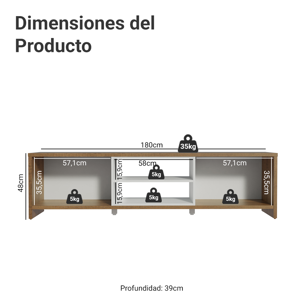 Centro de Entretenimiento Mesa para TV Metz 180 cm Hasta 75 Pulgadas Marrón/Blanco Madesa