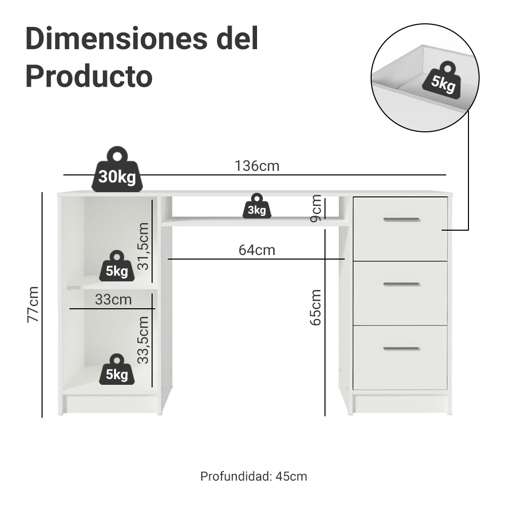 Escritorio de Oficina Alaska 137 cm 1 Puerta 3 Cajones Blanco Madesa