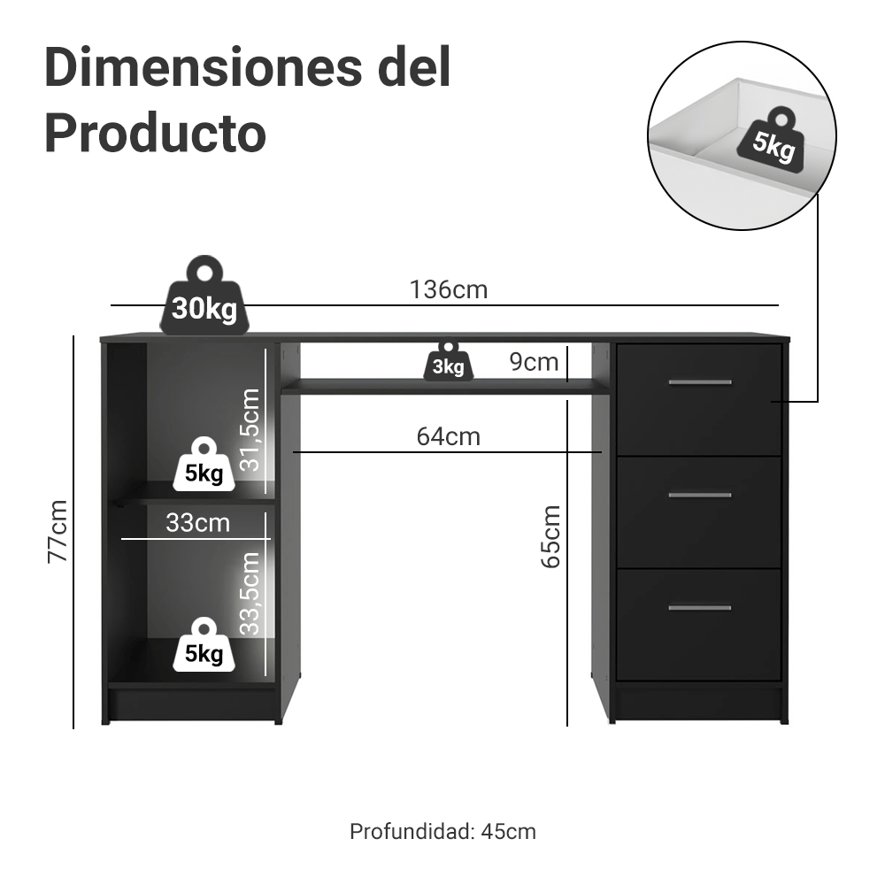 Escritorio de Oficina 136 cm Alaska 1 Puerta 3 Cajones Negro Madesa
