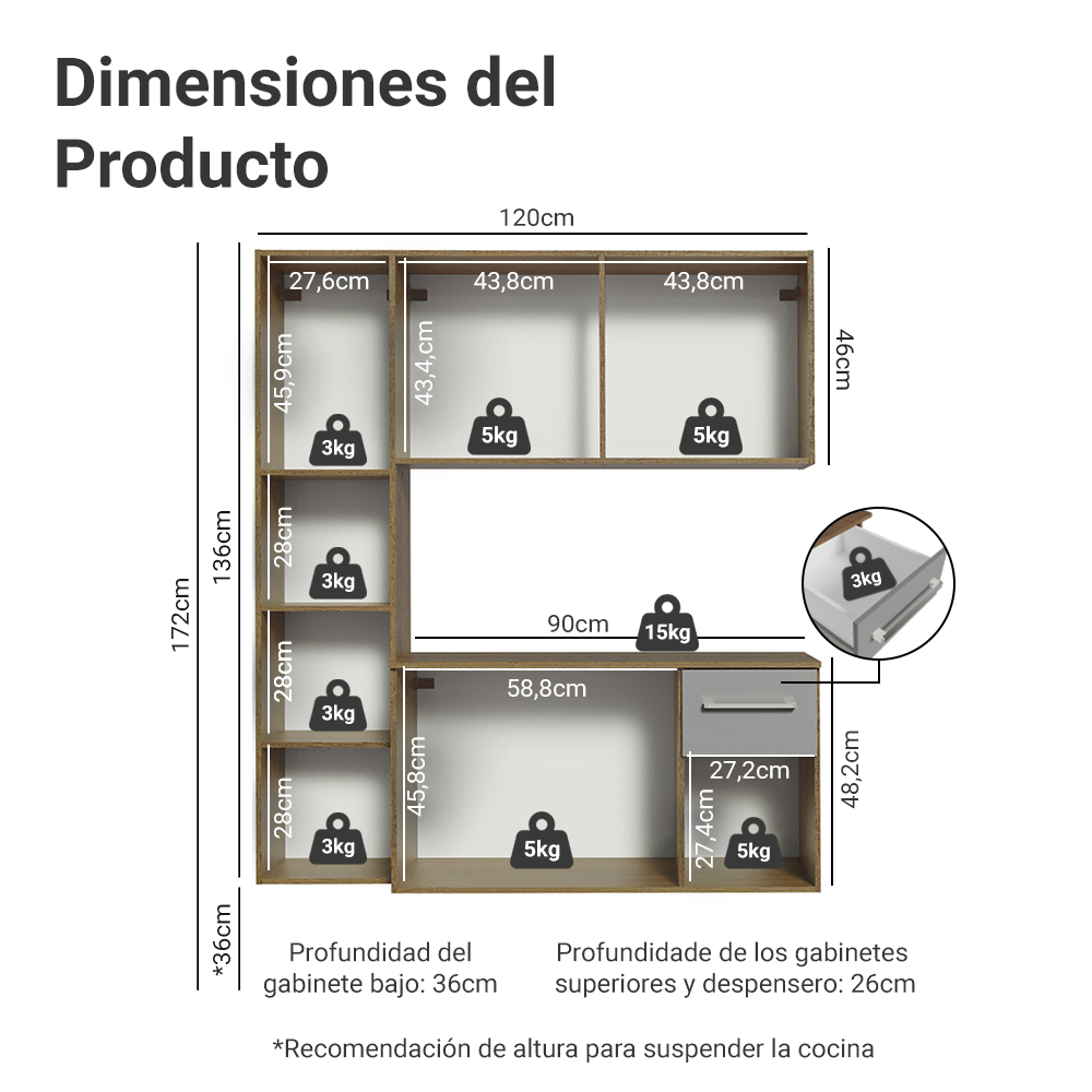 Cocina Compacta Elevada Easy 1.20 m con Encimera MarrónGris