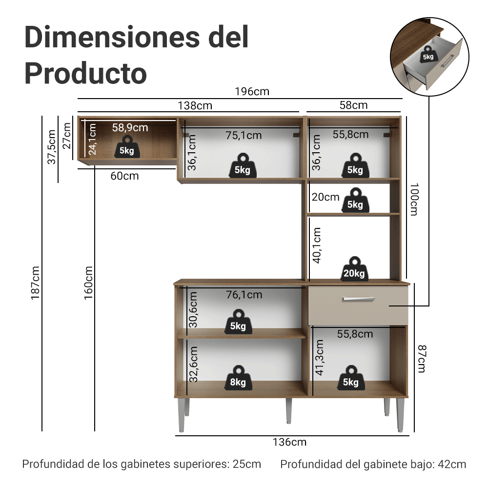 Mueble de Cocina Compacta Aura 2.00 Metros MarrónCrema