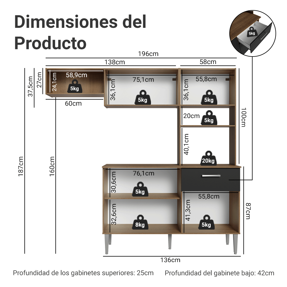 Mueble de Cocina Compacta Aura 2.00 Metros MarrónNegro
