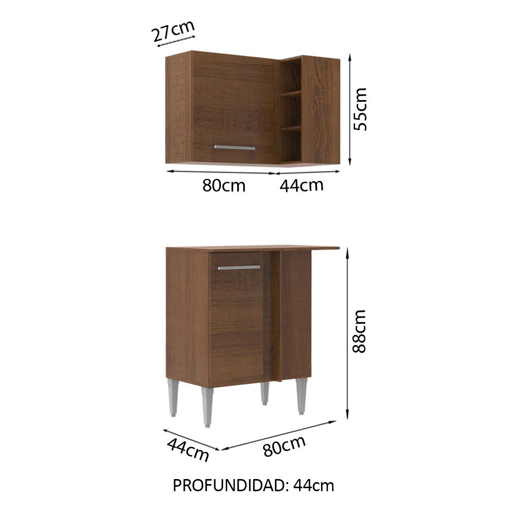 Kit Mueble de Cocina Superior y Mueble Bajo de Esquina Emilly Marrón