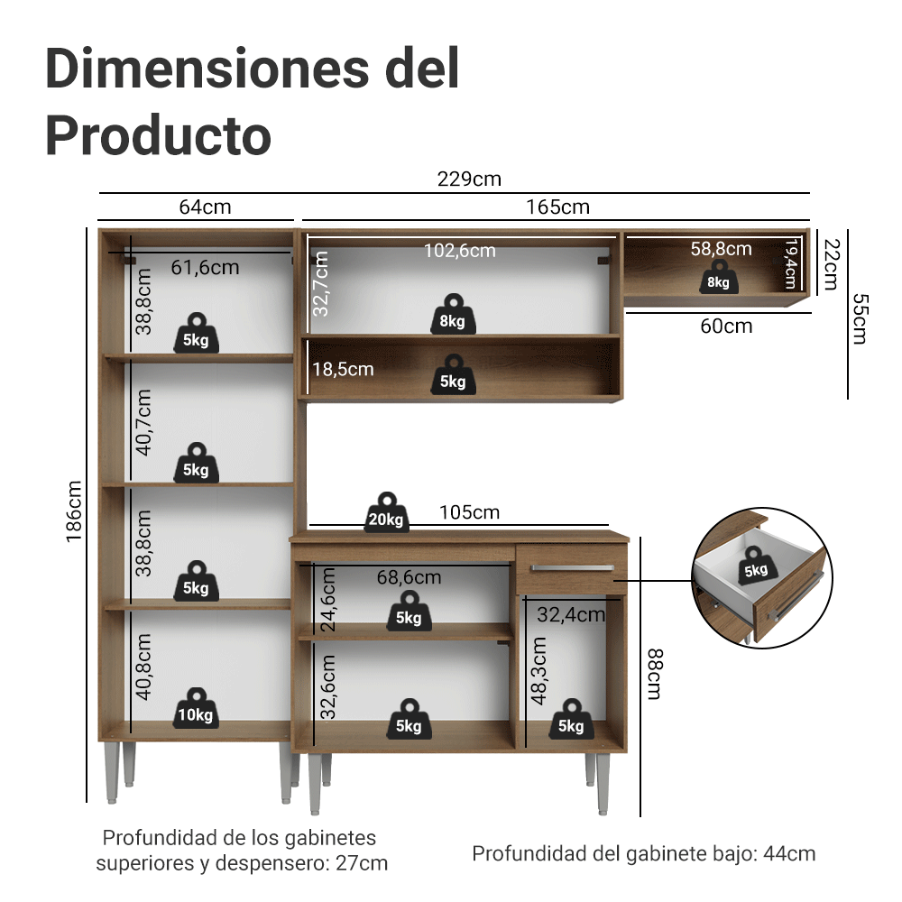 Cocina Integral Emilly Top 2.30 Metros Marrón