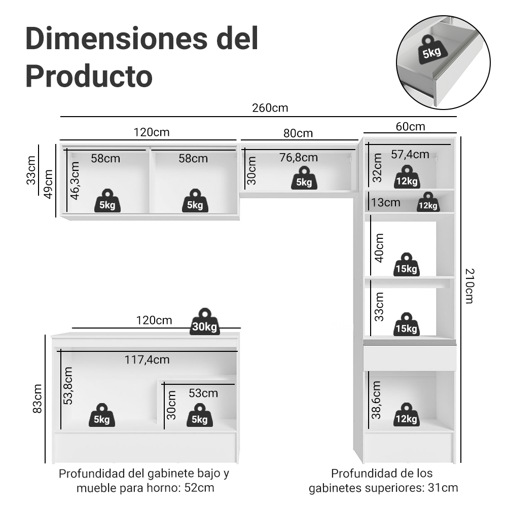 Cocina Integral Topazio 2.40 m con Encimera Blanco