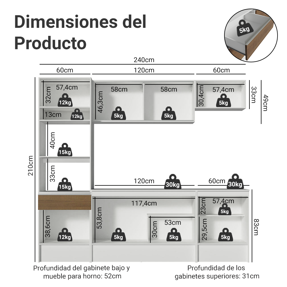 Cocina Integral Diamante 240 cm con Encimera Blanco/Marrón Madesa