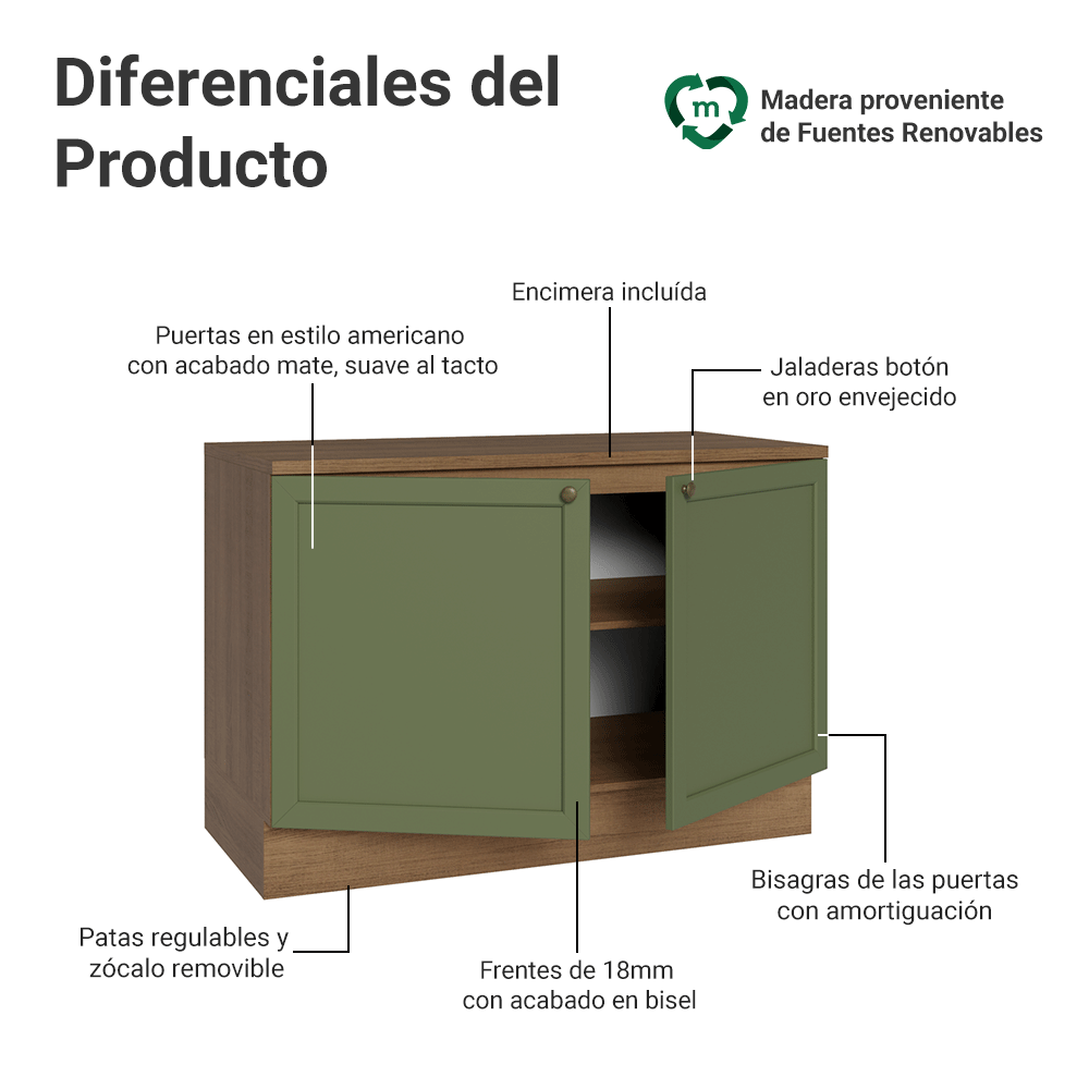 Mueble de Cocina Bajo Vik 1.20 m 2 Puertas con Encimera Marrón/Verde