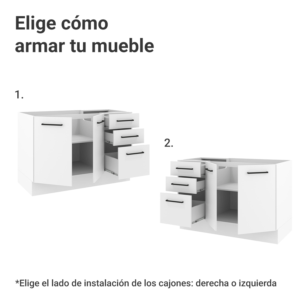 Mueble de Cocina Bajo Agata 1.20 m 2 Puertas 3 Cajones Blanco