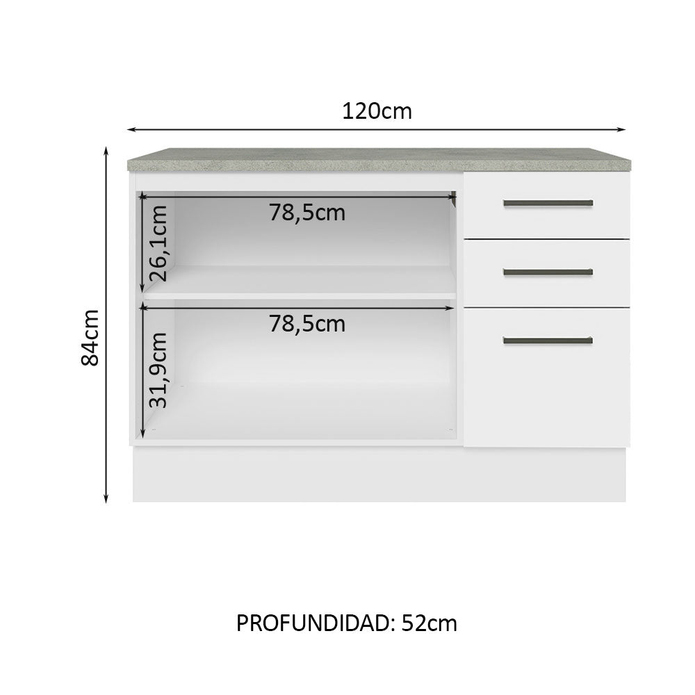 Mueble de Cocina Bajo Agata 1.20 m 2 Puertas 3 Cajones con Encimera Blanco