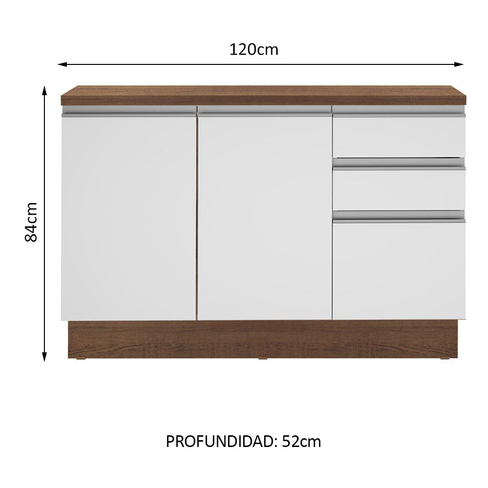 Mueble de Cocina Bajo Glamy 1.20 m 2 Puertas 3 Cajones con Encimera Marrón/Blanco
