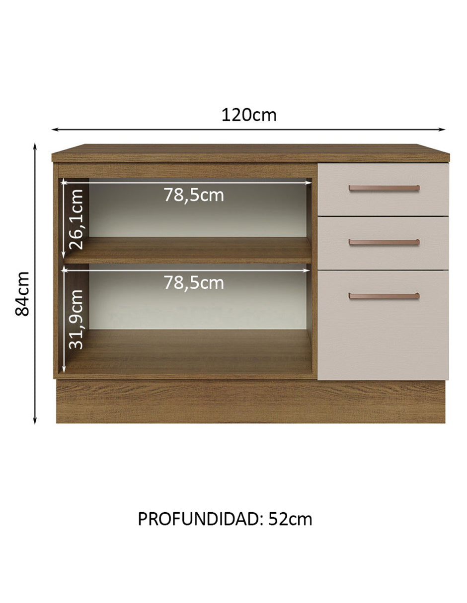 Mueble de Cocina Bajo Agata 1.20 m 2 Puertas 3 Cajones con Encimera Marrón/Crema