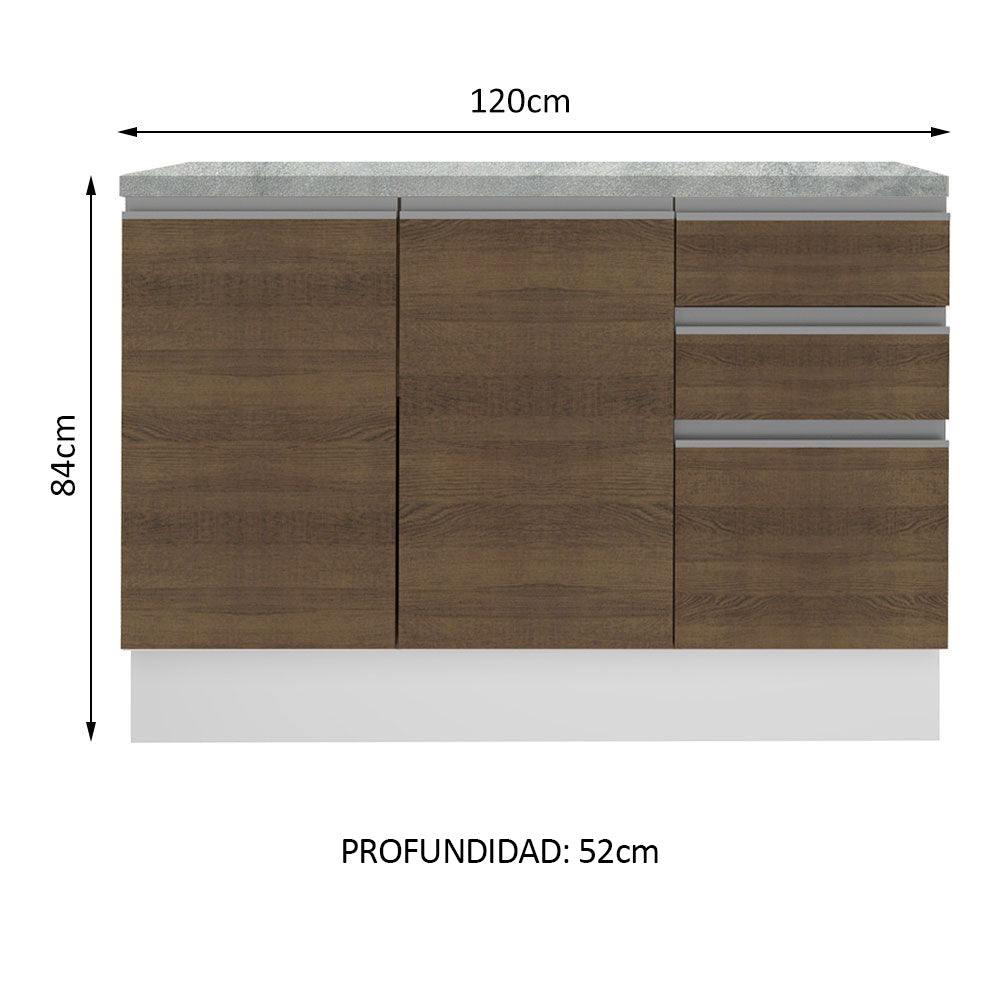 Mueble de Cocina Bajo Glamy 1.20 m 2 Puertas 3 Cajones con Encimera