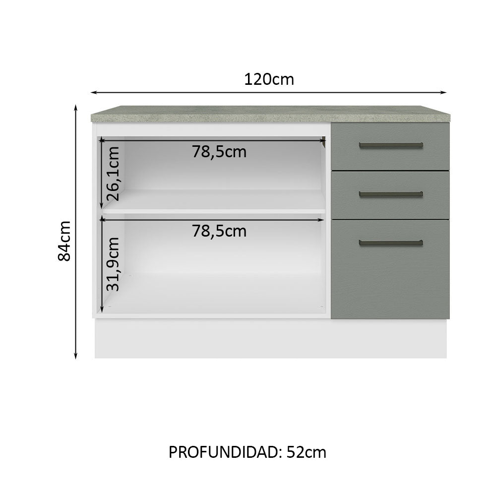 Mueble de Cocina Bajo Agata 1.20 m 2 Puertas 3 Cajones con Encimera Blanco/Gris