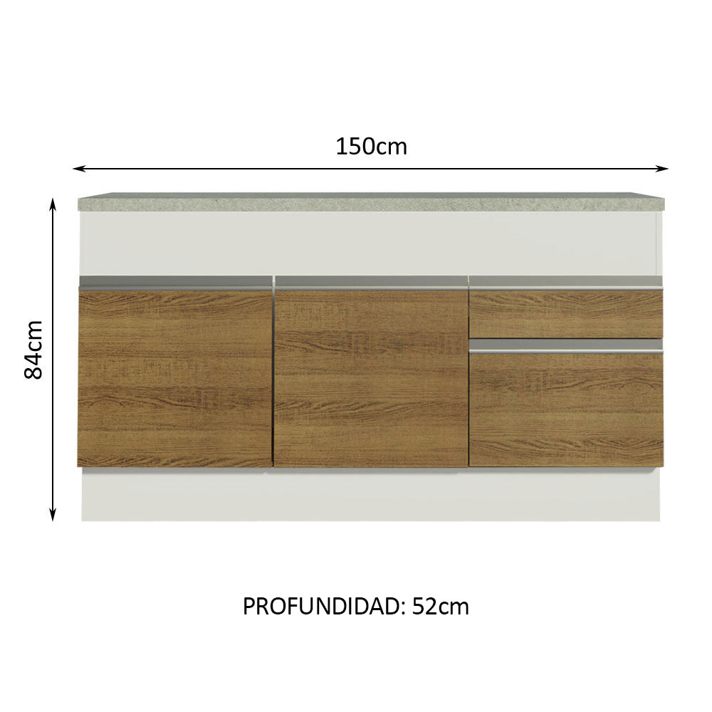 Mueble de Cocina Bajo Glamy 1.50 m 2 Puertas 2 Cajones con Encimera Blanco/Marrón