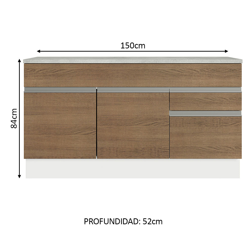 Mueble de Cocina Bajo Glamy 1.50 m 2 Puertas 2 Cajones con Encimera Blanco/Marrón