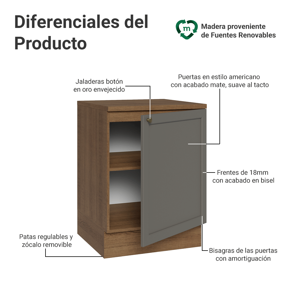 Mueble de Cocina Bajo Vik 60 cm 1 Puerta MarrónGris