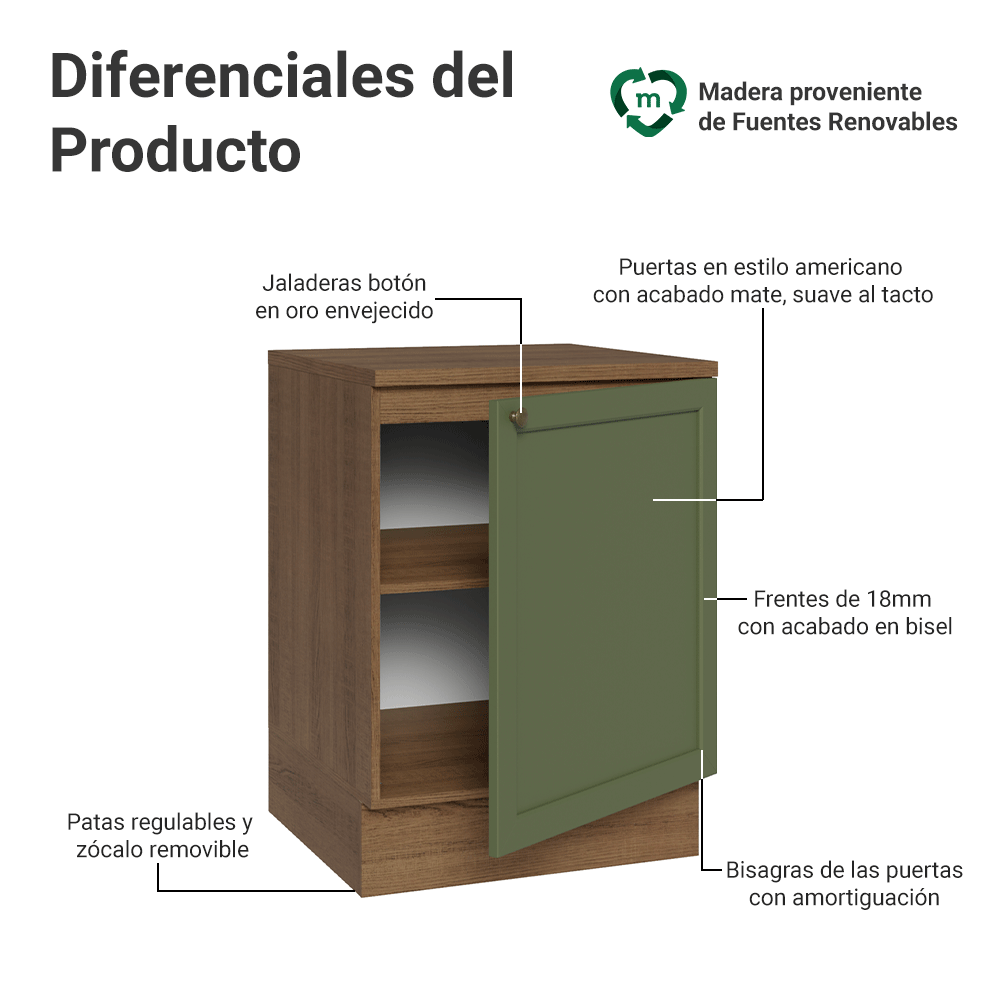 Mueble de Cocina Bajo Vik 60 cm 1 Puerta Marrón/Verde