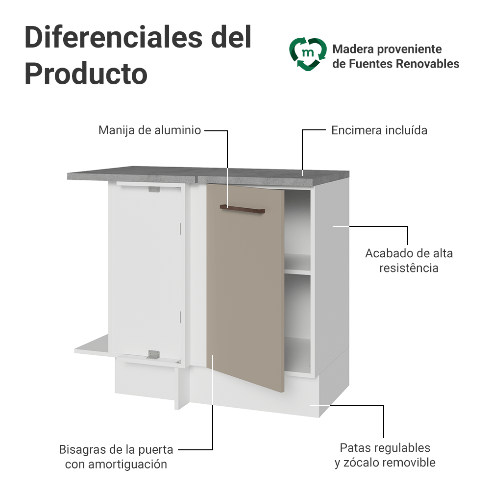Mueble de Cocina Bajo de Esquina Agata 1 Puerta Blanco/Crema
