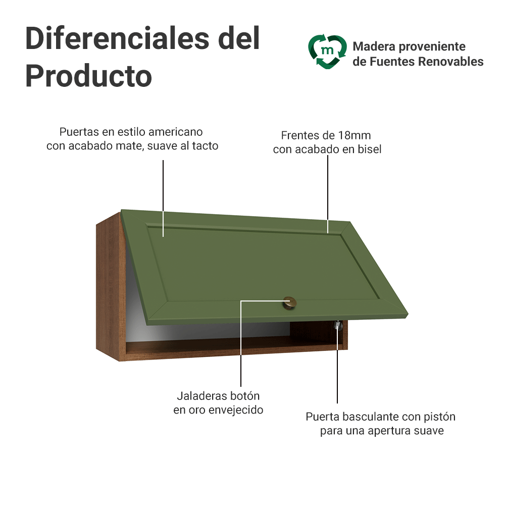 Mueble de Cocina Superior Vik 60 cm 1 Puerta Abatible Marrón/Verde