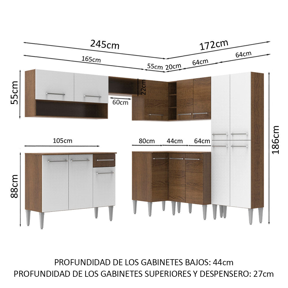 Cocina Integral de Esquina Emilly 417 cm Ice Blanco/Marrón Madesa