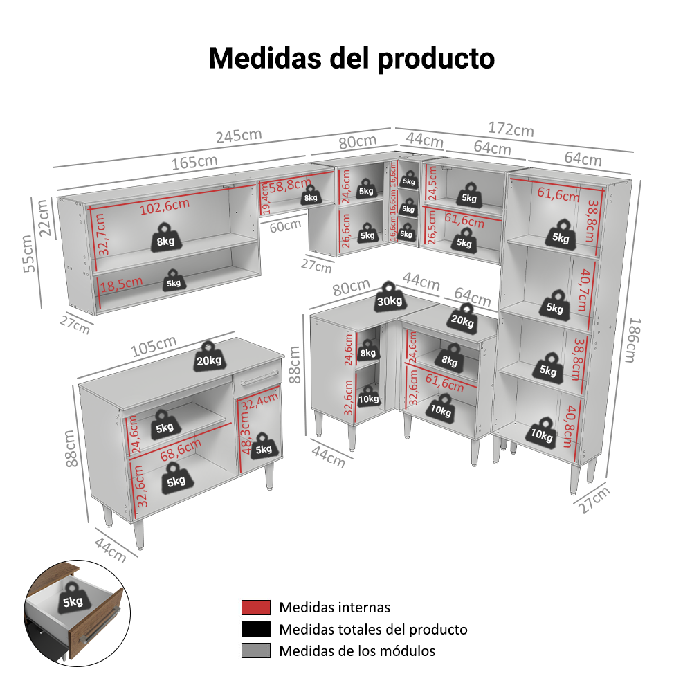 Cocina Integral de Esquina Emilly 4.20 m Marrón/Negro/Marrón 02