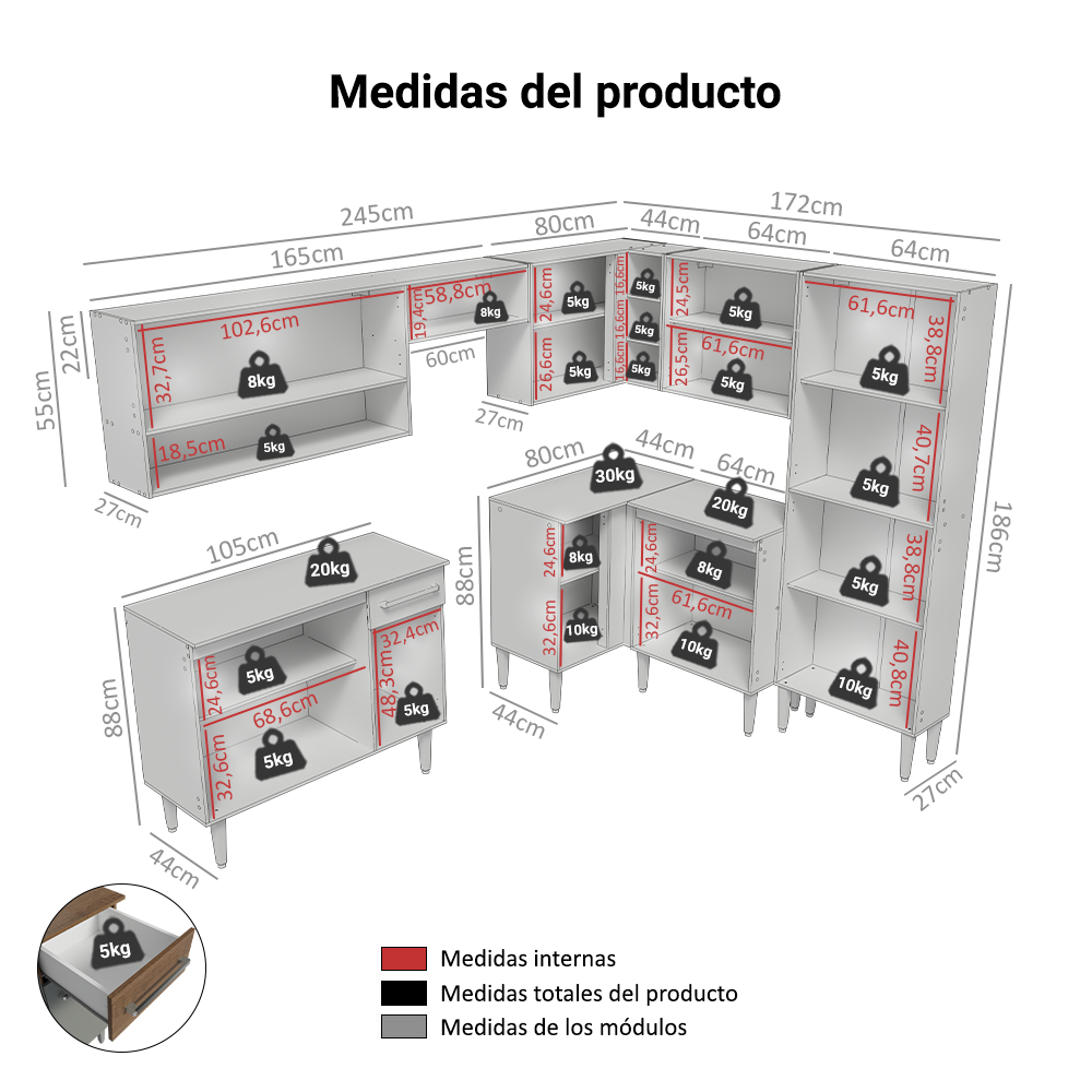 Cocina Integral de Esquina Emilly 4.20 m Marrón/Gris/Marrón 02