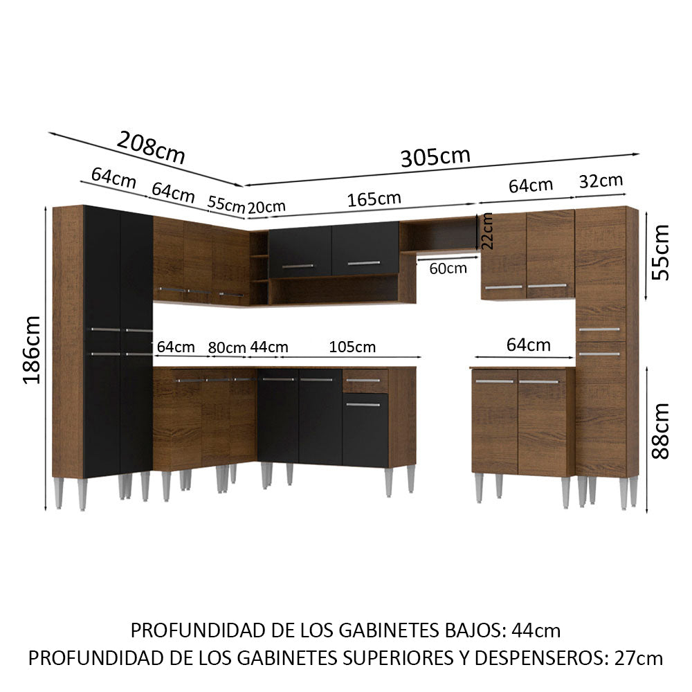 Cocina Integral de Esquina Emilly Big 5.15 m Marrón/Negro