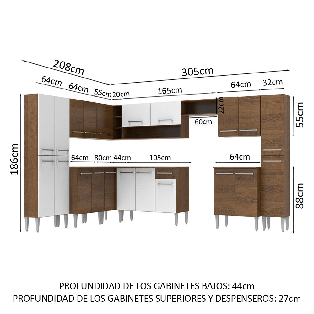 Cocina Integral de Esquina Emilly Big 5.15 Metros Marrón/Blanco