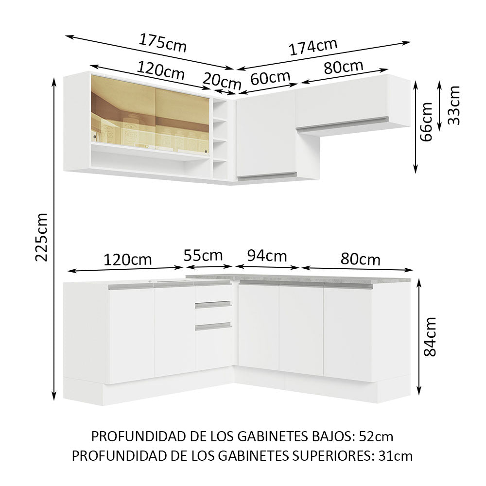 Cocina Integral de Esquina Glamy 3.50 m con Mesón de Acero Blanco 02