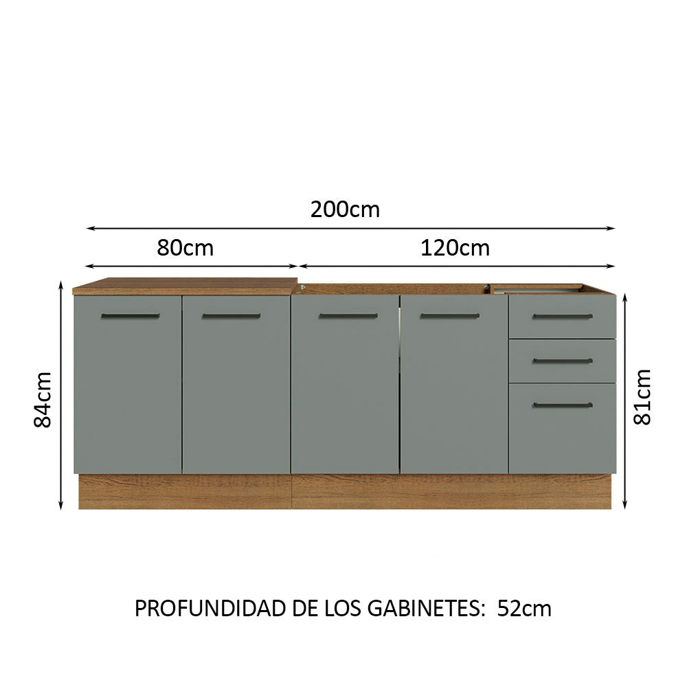 Kit 2 Muebles de Cocina Bajo Agata 2.00 Metros Marrón/Gris