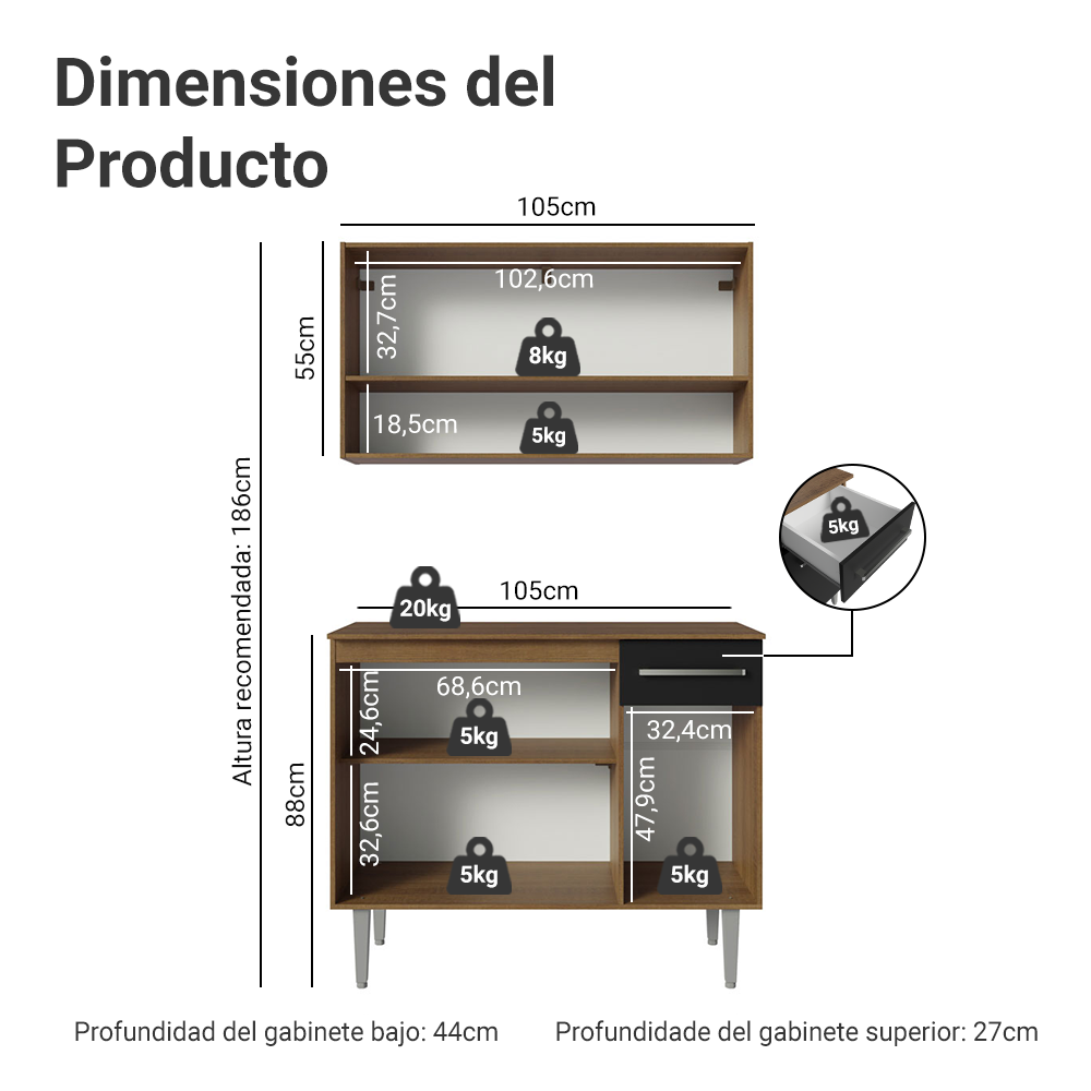 Cocina Integral Compacta Emilly 1.05 m Marrón/Negro 03