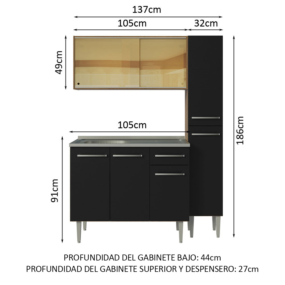 Cocina Integral Emilly 137 cm con Mesón de Acero 08 Marrón/Negro Madesa