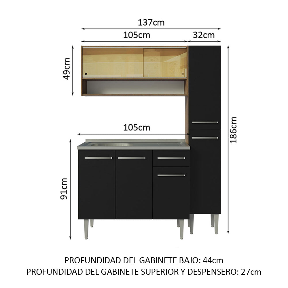 Cocina Integral Emilly 137 cm con Mesón de Acero 10 Marrón/Negro Madesa