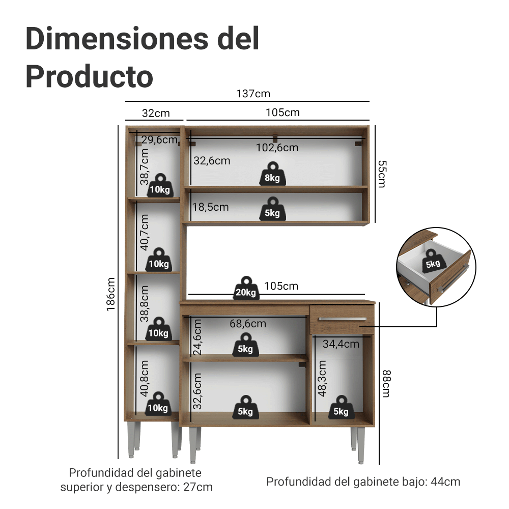 Cocina Integral Emilly 1.40 Metros Marrón 12