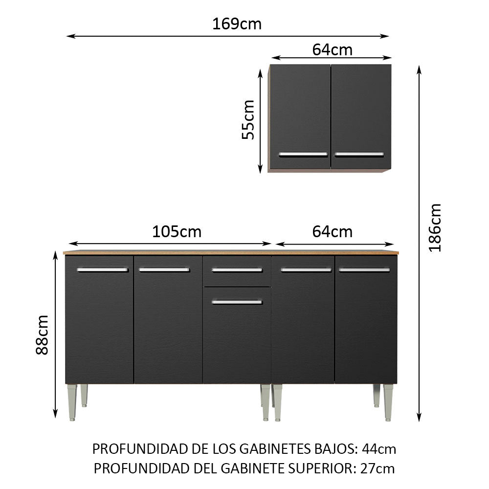 Cocina Integral Emilly 169 cm Free 01 Marrón/Negro Madesa