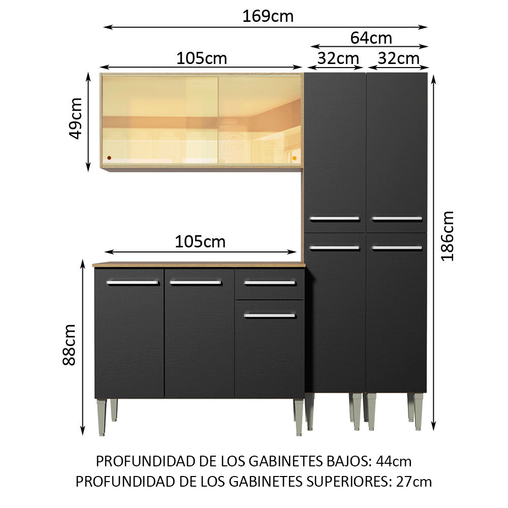 Cocina Integral Emilly 169 cm Voice 06 Marrón/Negro Madesa