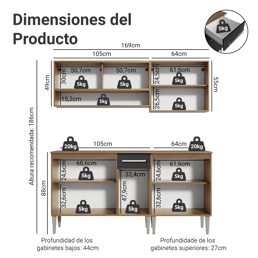 Cocina Integral Emilly Dance 1.70 Metros Marrón/Negro 07