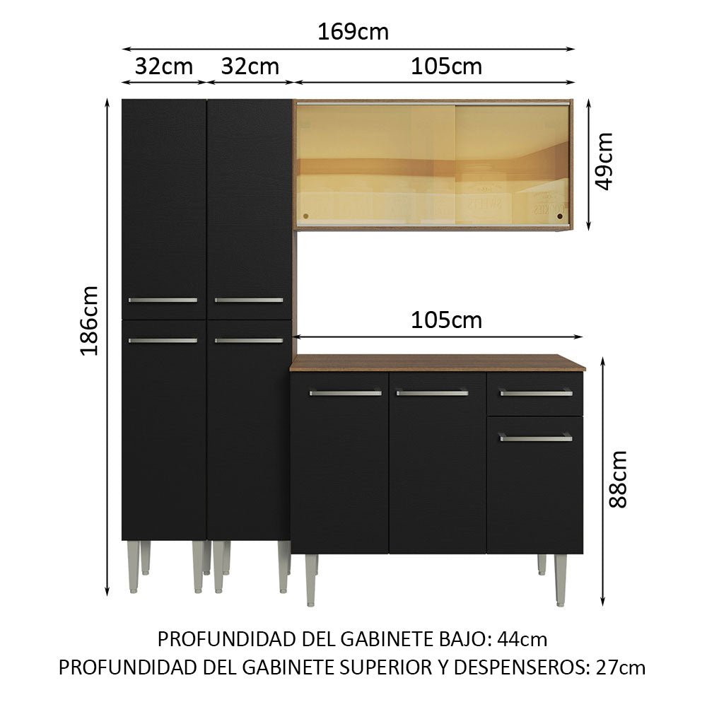 Cocina Integral Emilly 169 cm 09 Marrón/Negro Madesa