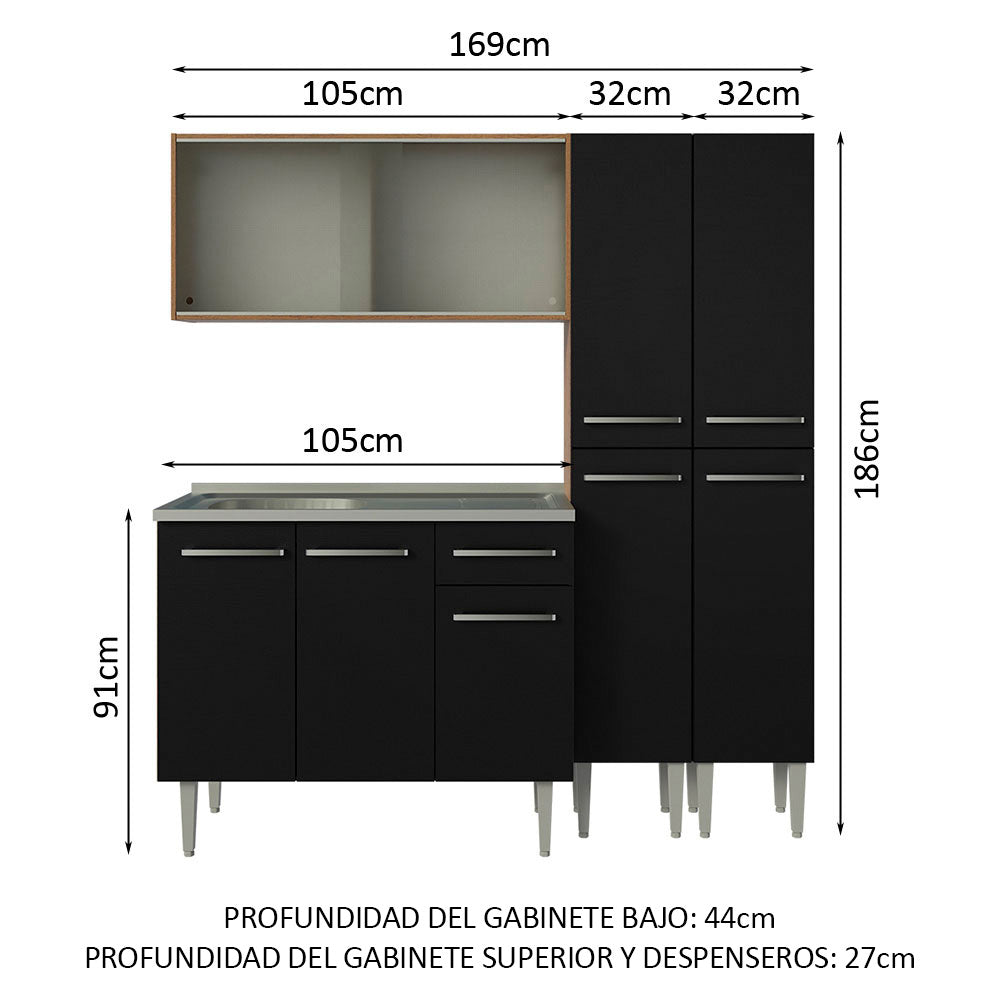 Cocina Integral Emilly 169 cm con Mesón de Acero 11 Marrón/Negro Madesa