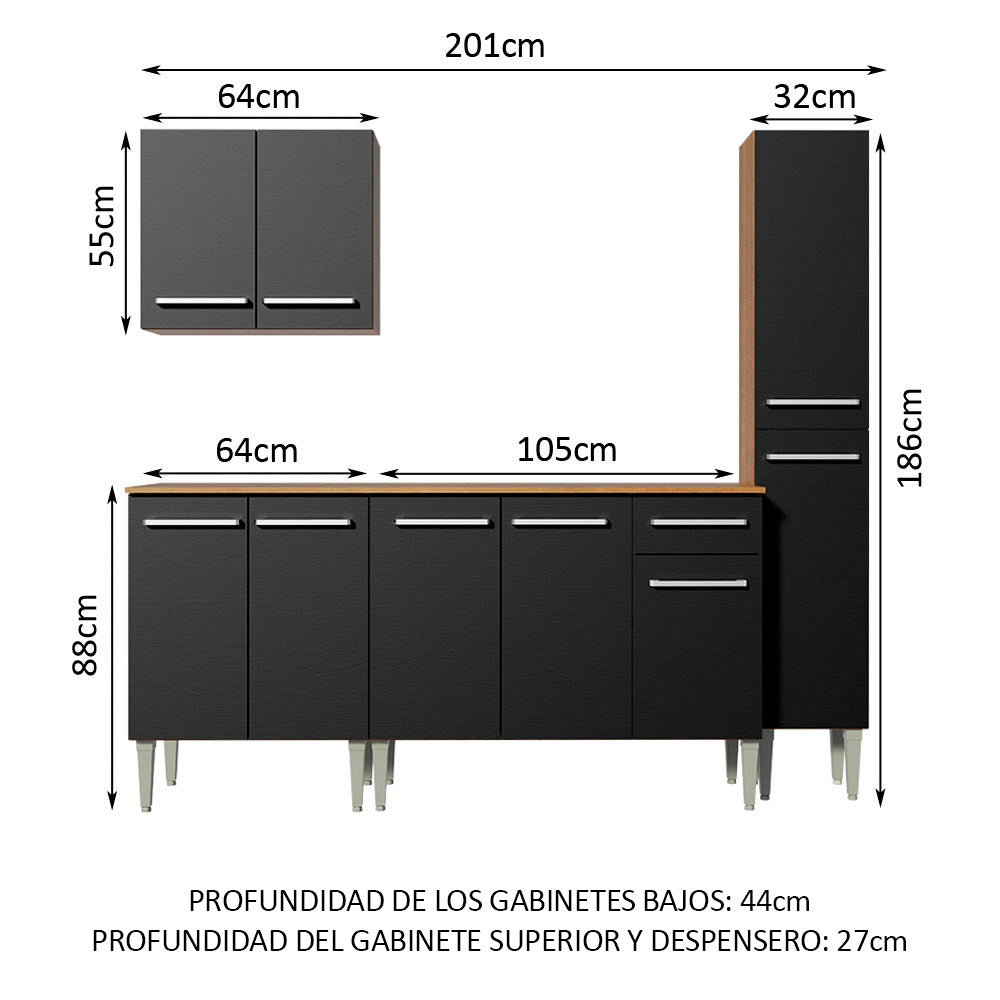 Cocina Integral Emilly Sing 2.00 Metros Marrón/Negro