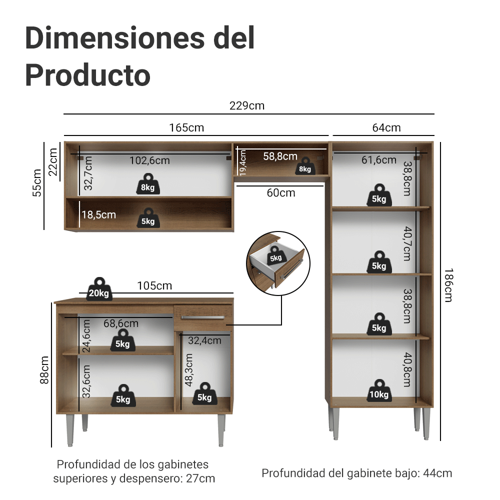 Cocina Integral Emilly 229 cm Pop con Mesón en MDP Marrón Madesa