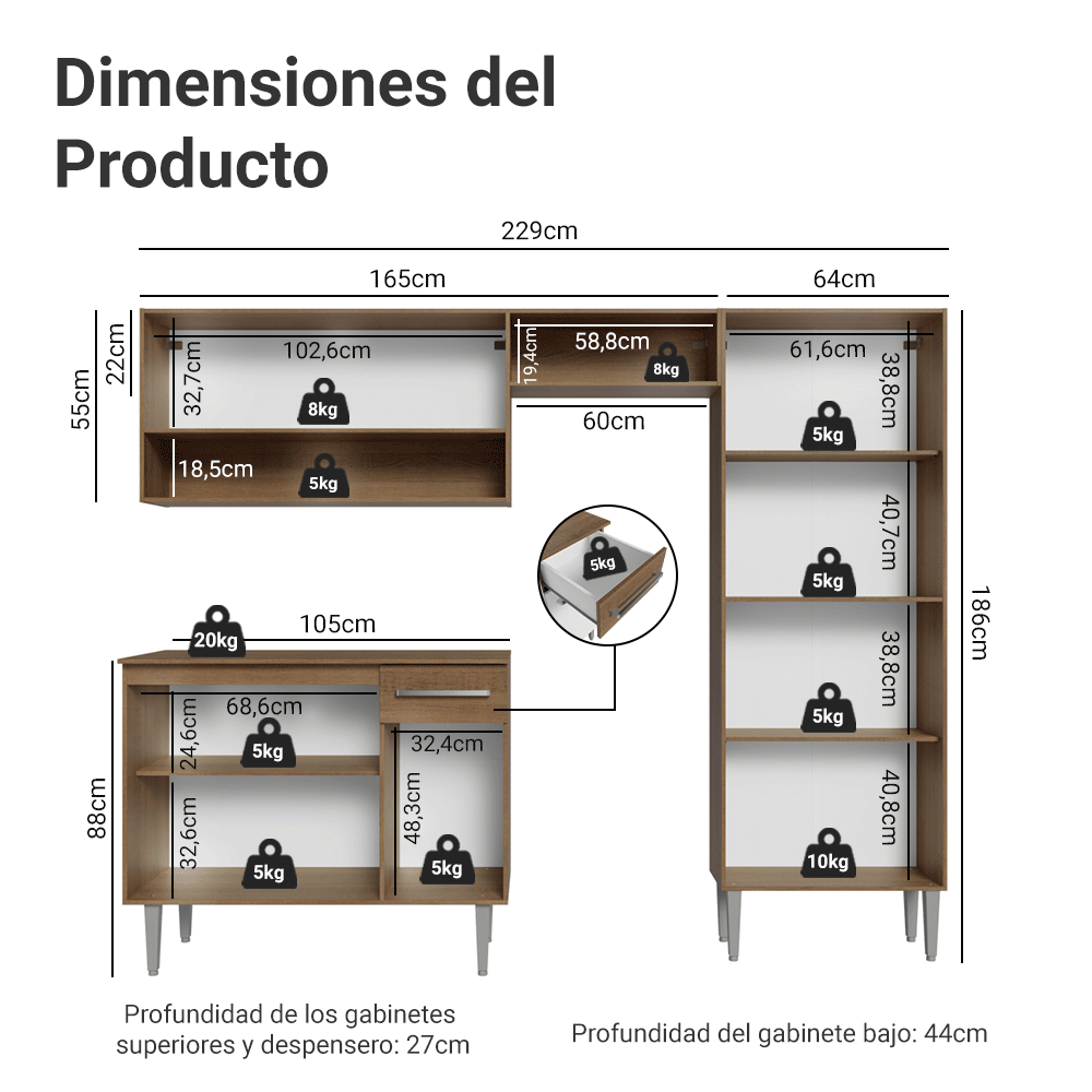 Cocina Integral Emilly Pop 2.30 Metros Marrón/Blanco