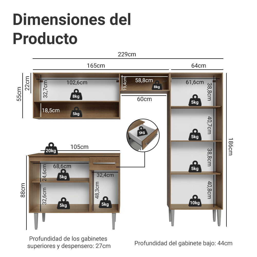 Cocina Integral Emilly Pop 2.30 Metros con Mesón MDP Marrón/Gris
