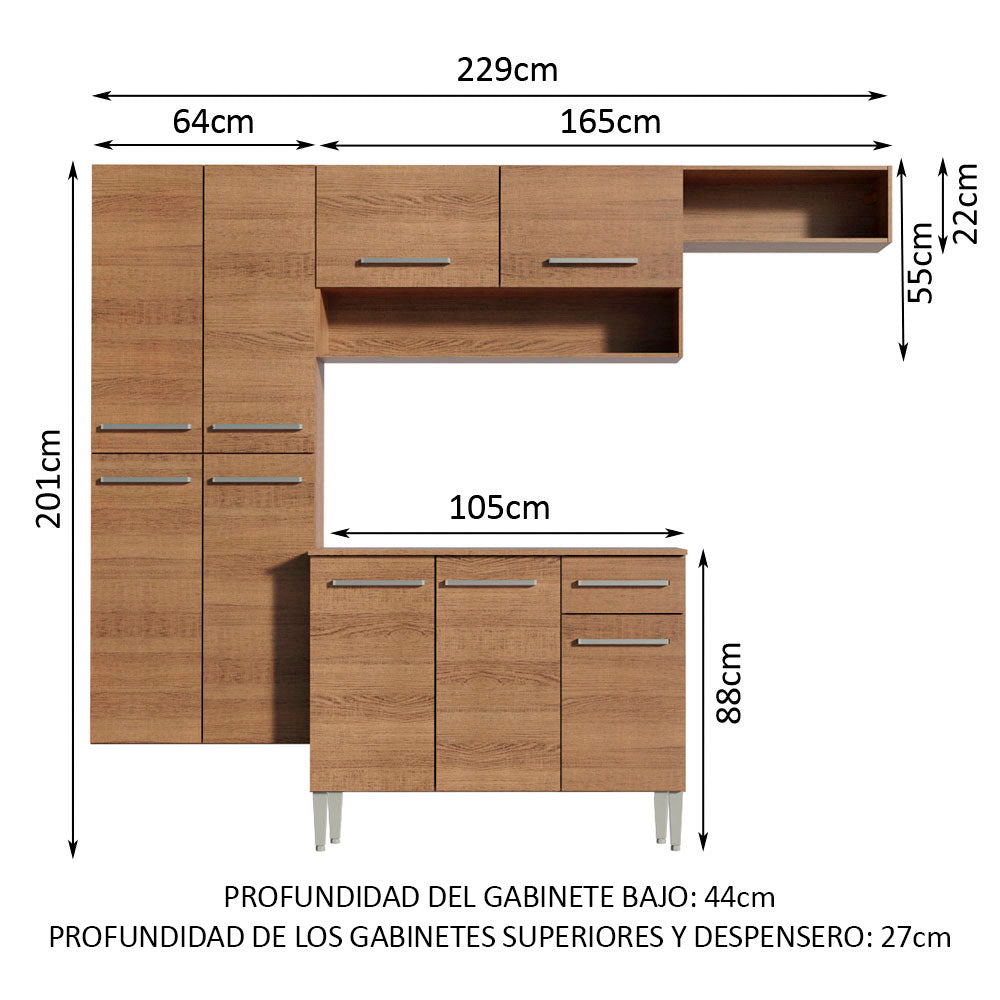 Cocina Integral Emilly Fit 2.30 Metros Marrón